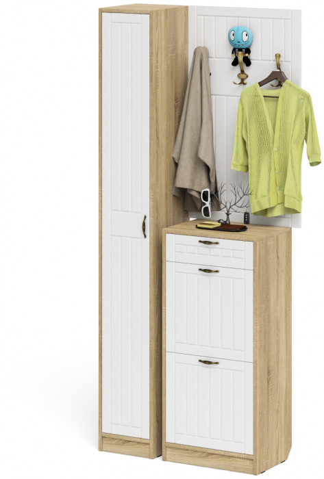 Прихожая П-6 Компоновка № 24, дуб сонома/фасады МДФ белое дерево фрезеровка прованс