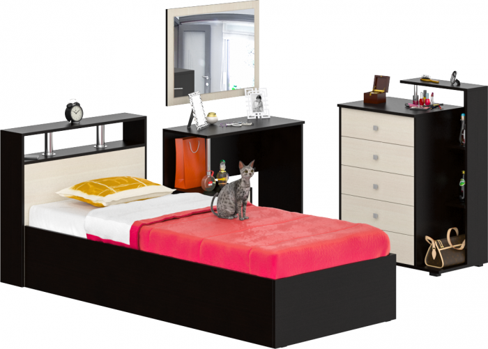 Камелия спальня № 7 Кровать 900 + Стол косметический + Зеркало + Комод, венге/дуб лоредо