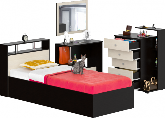 Камелия спальня № 7 Кровать 900 + Стол косметический + Зеркало + Комод, венге/дуб лоредо