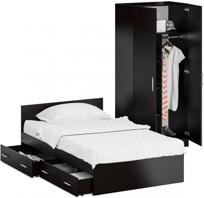 Кровать с ящиками 1200 + Шкаф 2-х створчатый Стандарт, венге