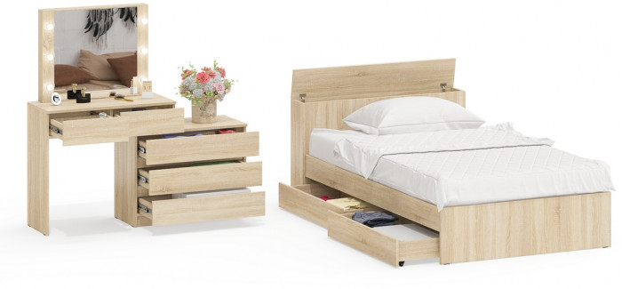 Ксения Кровать с ящиками 1200 + Стол косметический с подсветкой 110, дуб сонома