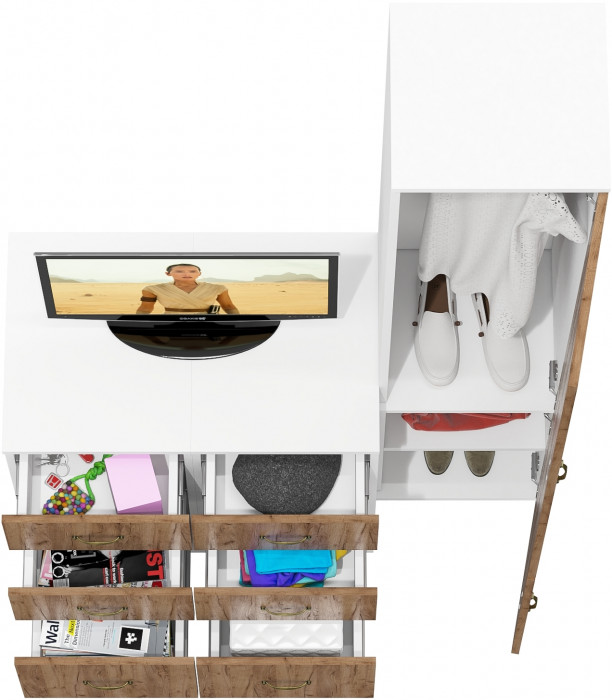 Лидер-8 Пенал МД 21Б + Тумба МД 3.16 + Тумба МД 3.16, белый шагрень/крафт золото