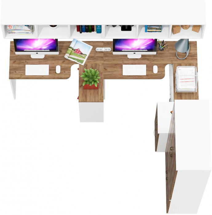 Лидер-8 Стол + Полка + Стол + Полка + Шкаф МД 20Б + Тумба МД 3.16, цвет белый шагрень/крафт золото, 450х50х75/190 или 230х200/50х75/190, НЕ ун. сб.