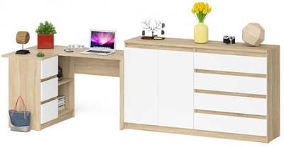Мори Стол компьютерный МС-16 левый + Комод МК1600.1, цвет дуб сонома/белый, ШхГхВ 284,8х84,9х94 см., выдвижные ящики слев, НЕ универсальная сборкаа