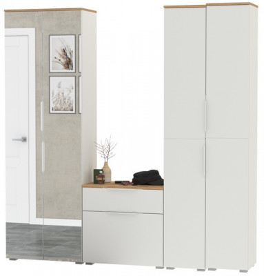 Октава Прихожая 28, цвет белый шагрень/дуб крафт золотой/фасады МДФ белый шагрень, ШхГхВ 193,7х35,4х197,6 см., универсальная сборка