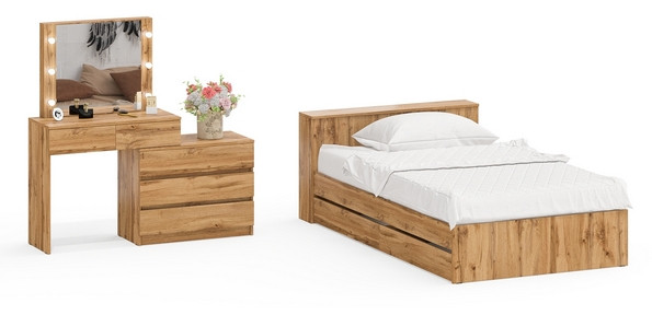 Ксения Кровать с ящиками 1200 + Стол косметический с подсветкой 110, дуб вотан