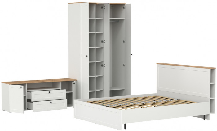 Остин 11.53 Кровать + ортопед + 13.336.03 Шкаф для одежды + 16.47 Тумба под ТВ, белый шагрень/дуб крафт золотой