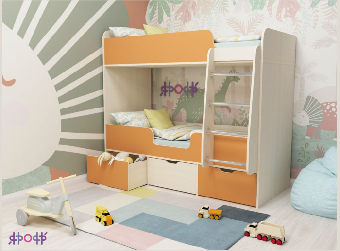 Кровать двухъярусная Малыш Двойняшка (Оранжевый/Дуб молочный)