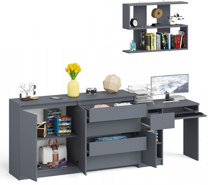 Мори Стол компьютерный МС-1 левый + Комод МК1600.1 + Полка 900, цвет графит, ШхГхВ 250,4х50х209,6 см., НЕ универсальная сборка