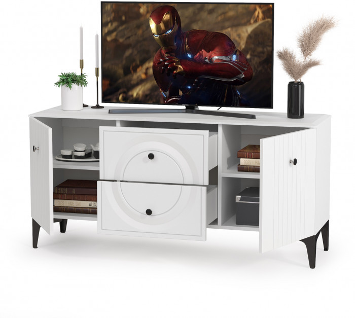 Валенсия Гостиная 16.45 Тумба под ТВ, ЛДСП белый шагрень/МДФ белый шагрень