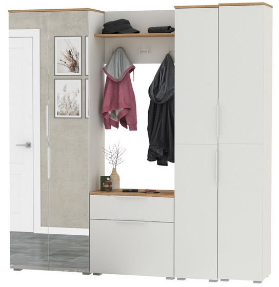 Октава Прихожая 29, цвет белый шагрень/дуб крафт золотой/фасады МДФ белый шагрень, ШхГхВ 193,7х35,4х197,6 см., универсальная сборка