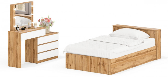 Ксения Кровать с ящиками 1200 + Стол косметический с подсветкой 110, дуб вотан/белый