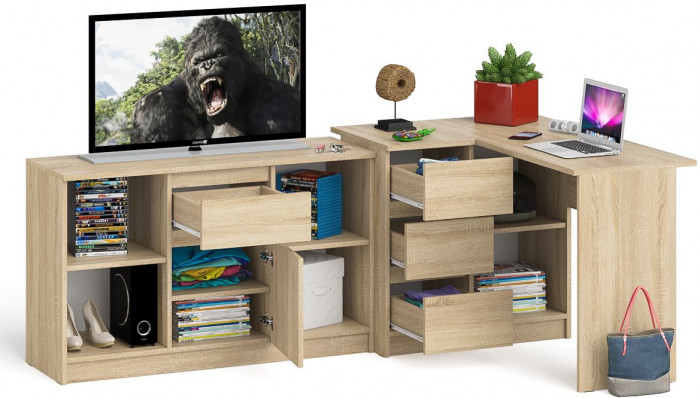 Мори компьютерный стол МС-16 левый + Тумба МТВ1204.1, дуб сонома
