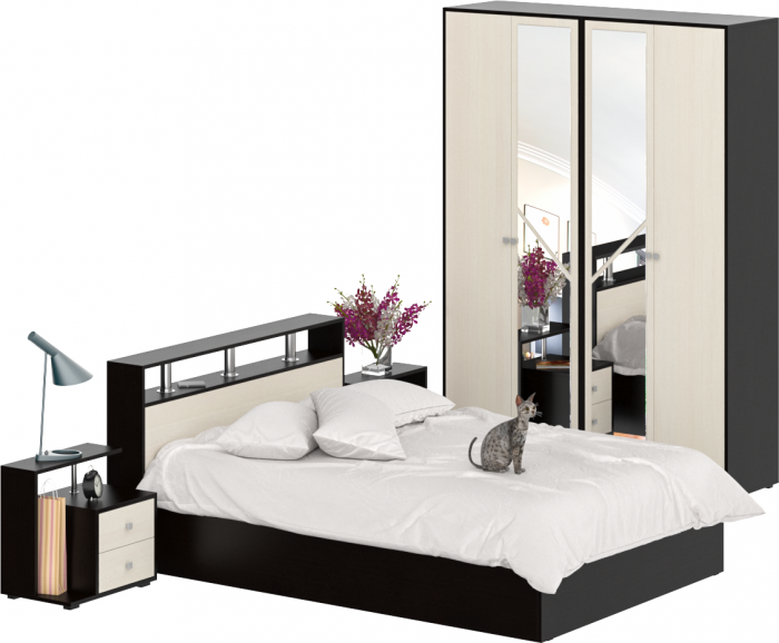 Камелия спальня № 1 Кровать 1400 + Две тумбы + Шкаф 4-х створчатый, цвет венге/дуб лоредо, сп.м. 1400х2000 мм., б/м, основание есть