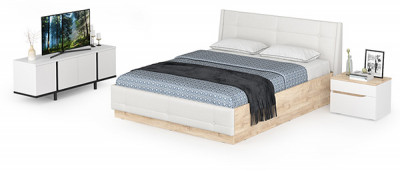 Муссон Кровать 11.28 + подъёмный ортопед + Тумба 16.03 + Тумба ТВ 13.276, цвет белый/чёрный/дуб эндгрейн элегантный/кожзам белый, 1600х2000 мм., б/м