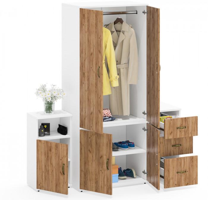 Лидер-8 Шкаф МД 19Б + Тумба МД 3.16 + Тумба МД 3.19, белый шагрень/крафт золото