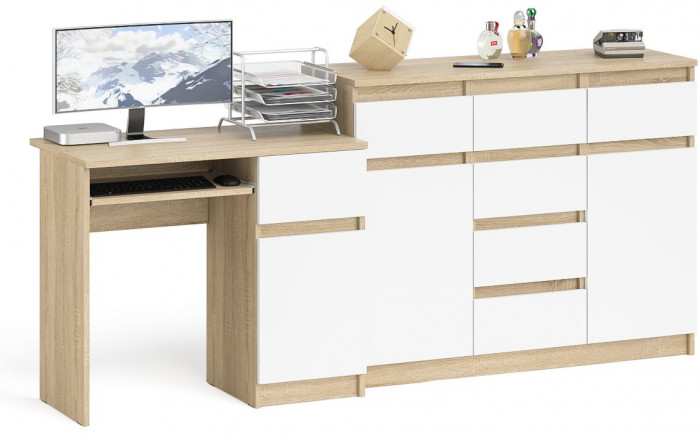 Мори компьютерный стол МС-1 правый + Комод МК1200.4, дуб сонома/белый