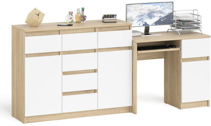 Мори компьютерный стол МС-1 правый + Комод МК1200.4, дуб сонома/белый