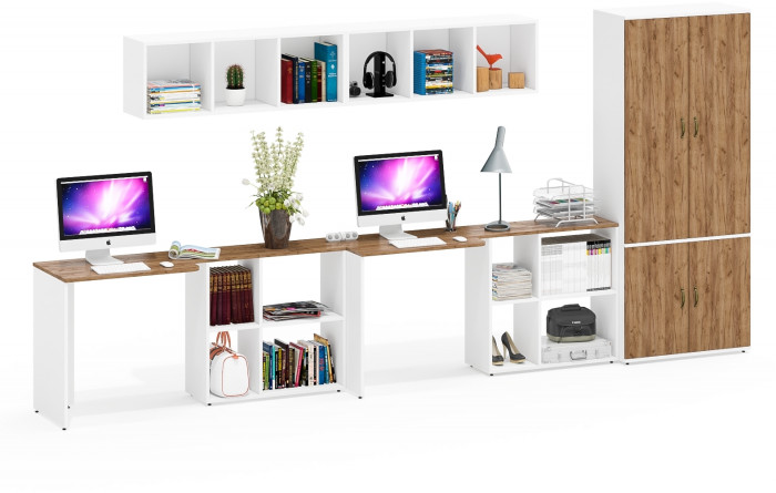 Лидер-8 Стол + Полка + Стол + Полка + Шкаф МД 20Б, цвет белый шагрень/крафт золото, ШхГхВ 410х50/37,5х75/190 или 230х160/50х75/190 см., НЕ ун. сборка