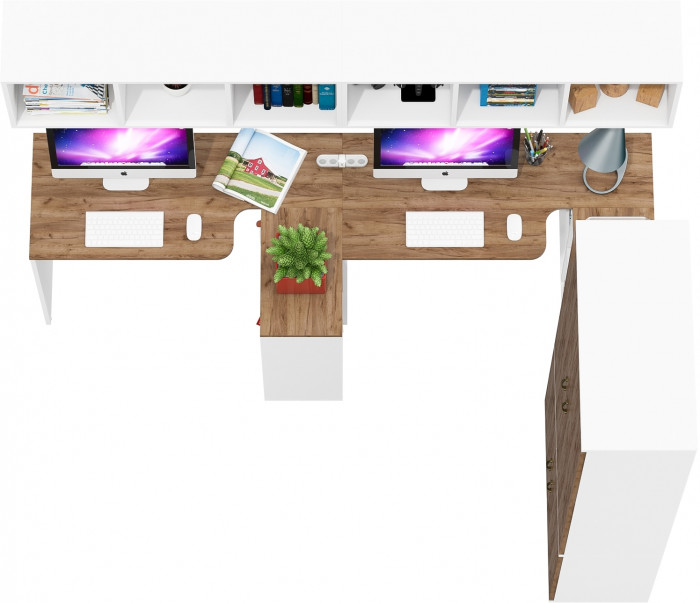 Лидер-8 Стол + Полка + Стол + Полка + Шкаф МД 20Б, цвет белый шагрень/крафт золото, ШхГхВ 410х50/37,5х75/190 или 230х160/50х75/190 см., НЕ ун. сборка