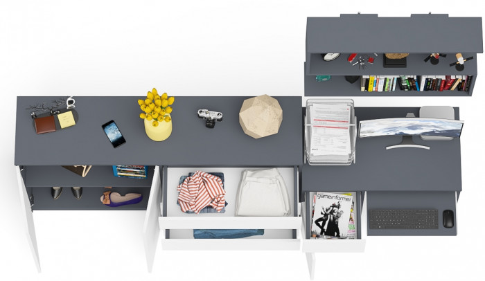 Мори Стол компьютерный МС-1 левый + Комод МК1600.1 + Полка 900, цвет графит/белый, ШхГхВ 250,4х50х209,6 см., НЕ универсальная сборка