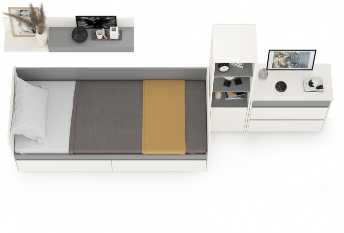 Торонто Компоновка № 22, цвет белый шагрень/стальной серый, ШхГхВ 314х84,4х149,7 см., сп. м. 800х1900 мм., б/м, основание есть, универсальная сборка