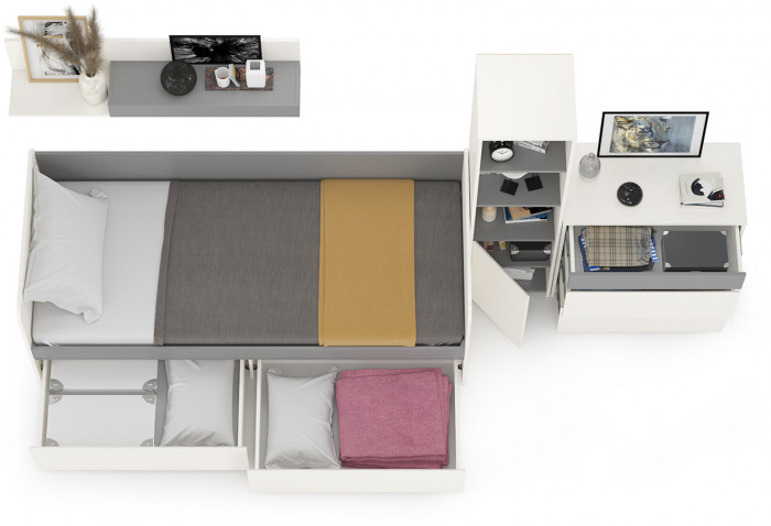 Торонто Компоновка № 22, цвет белый шагрень/стальной серый, ШхГхВ 314х84,4х149,7 см., сп. м. 800х1900 мм., б/м, основание есть, универсальная сборка