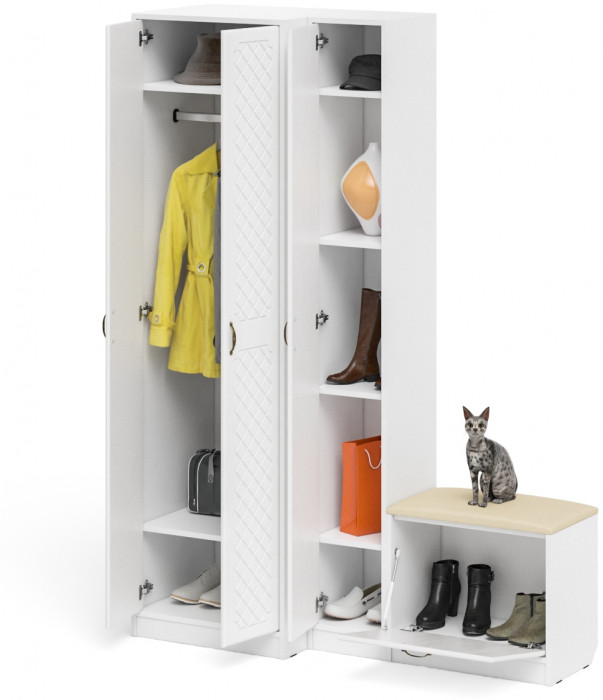 Прихожая П-6 Компоновка № 25, белая шагрень/фасады МДФ белое дерево фрезеровка ромб