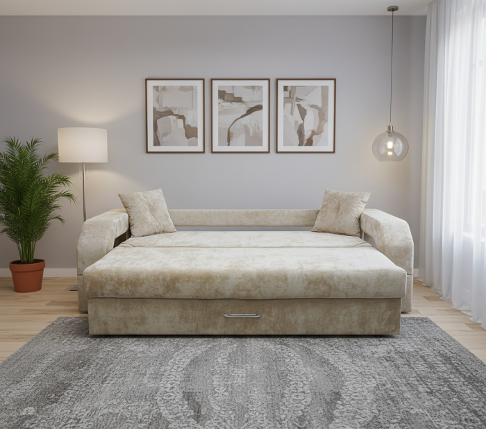 Диван-еврокнижка Манчестер, пружинный блок, 150х195, подсветка, велюр бежевый