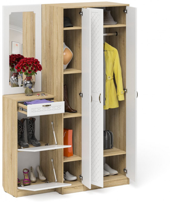 Прихожая П-6 Компоновка № 49, цвет дуб сонома/фасады МДФ белое дерево фрезеровка ромб, ШхГхВ 140х50х210 см., универсальная сборка