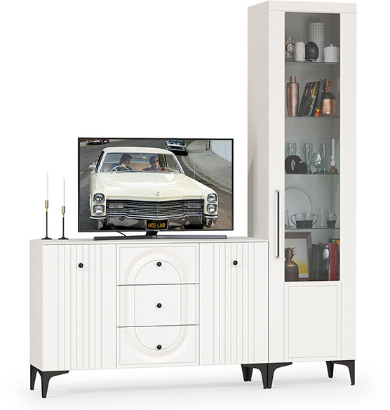 Валенсия Гостиная № 092, цвет ЛДСП белый шагрень/МДФ белый шагрень, ШхГхВ 188,2х38,4х225,2 см., универсальная сборка