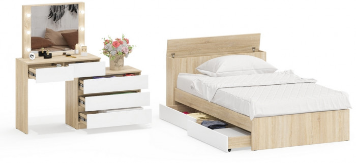 Ксения Кровать с ящиками 1200 + Стол косметический с подсветкой 110, дуб сонома/белый