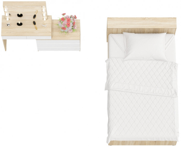 Ксения Кровать с ящиками 1200 + Стол косметический с подсветкой 110, дуб сонома/белый
