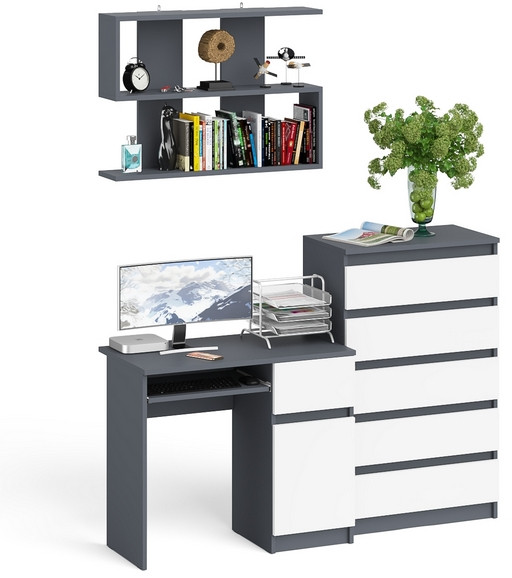 Мори Стол компьютерный МС-1 правый + Комод МК700.5 + Полка 900, цвет графит/белый, ШхГхВ 160,4х50х209,6 см., НЕ универсальная сборка
