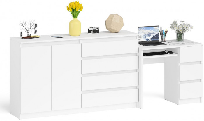 Мори компьютерный стол МС-6 правый + Комод МК1600.1, белый