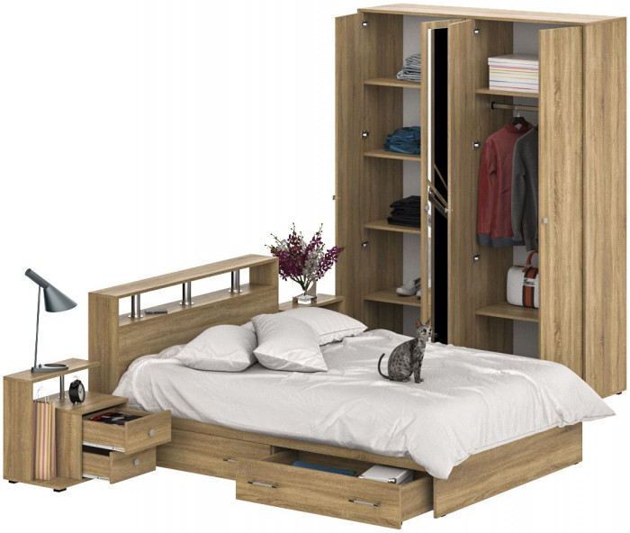 Камелия спальня № 8 Кровать с ящиками 1400 + Две тумбы + Шкаф 4-х створчатый, дуб сонома