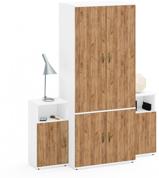 Лидер-8 Шкаф МД 19Б + Тумба МД 3.19 + Тумба МД 3.19, белый шагрень/крафт золото