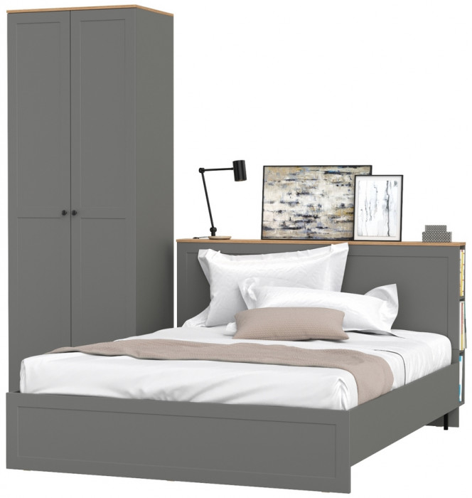 Остин 11.53 Кровать + ортопед + 13.224 Шкаф, серый графит/дуб крафт золотой