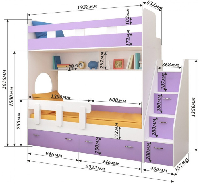 Двухъярусная кровать Юниор 1 + бортик Юниор (Винтерберг/Лайм / Ирис)