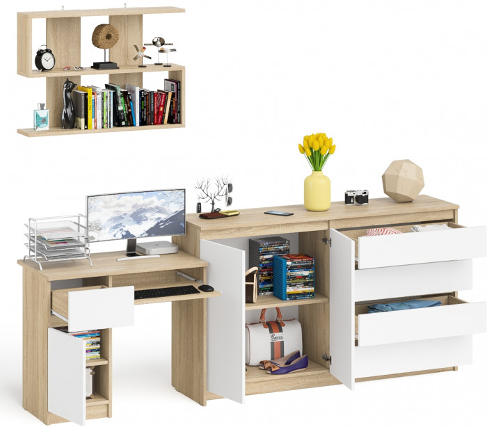 Мори Стол компьютерный МС-1 левый + Комод МК1600.1 + Полка 900, цвет дуб сонома/белый, ШхГхВ 250,4х50х209,6 см., НЕ универсальная сборка