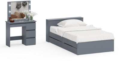 Ксения Кровать с ящиками 1200 + Стол косметический с подсветкой Сура, графит