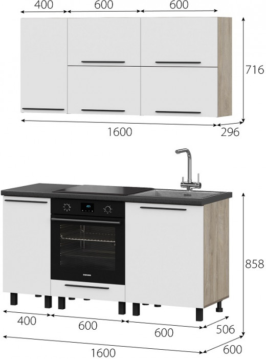Кухня Этна 1.6 м. Комплект 1, софт вайт