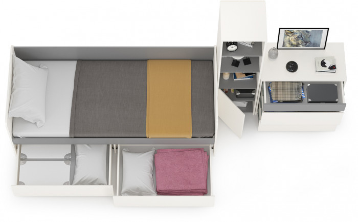 Торонто Компоновка № 24, цвет белый шагрень/стальной серый, ШхГхВ 314х84,4х149,7 см., сп. м. 800х1900 мм., б/м, основание есть, универсальная сборка