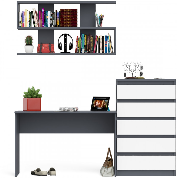 Мори письменный стол МСП1200.1 + Комод МК700.5 + Полка 1200, графит/белый