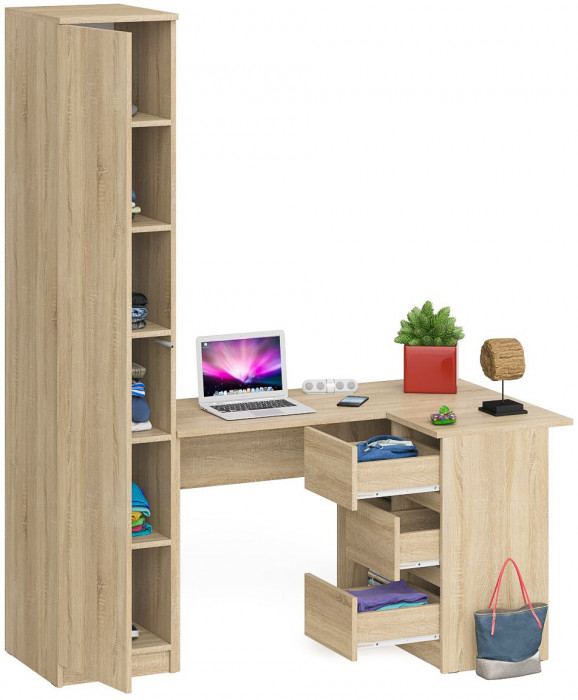 Мори Стол компьютерный МС-16 правый + Пенал МШ400.1, цвет дуб сонома, ШхГхВ 164,8х84,9х209,6 см., выдвижные ящики справа, НЕ универсальная сборка