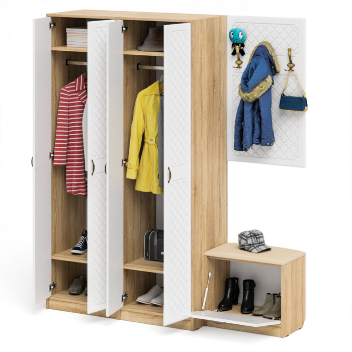 Прихожая П-6 Компоновка № 09, цвет дуб сонома/фасады МДФ белое дерево фрезеровка ромб, ШхГхВ 180х50х210 см., универсальная сборка