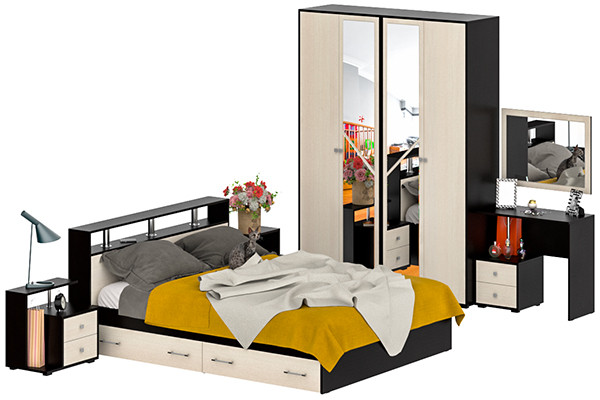 Камелия спальня № 9 Кровать с ящиками 1600 + Две тумбы + Стол космет. + Зеркало + Шкаф 4-х, венге/дуб лоредо