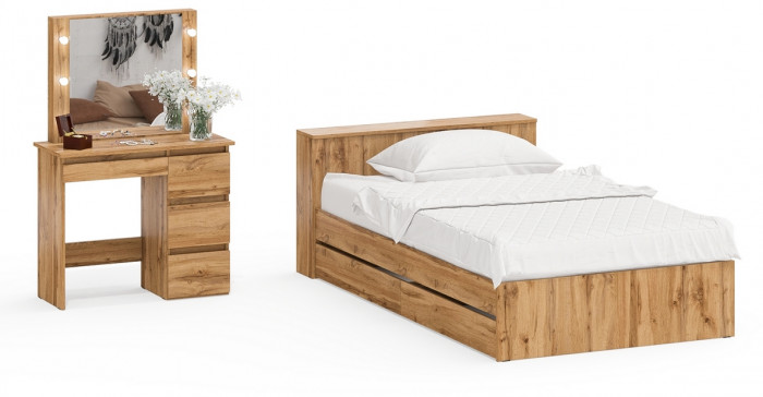 Ксения Кровать с ящиками 1200 + Стол косметический с подсветкой Сура, дуб вотан