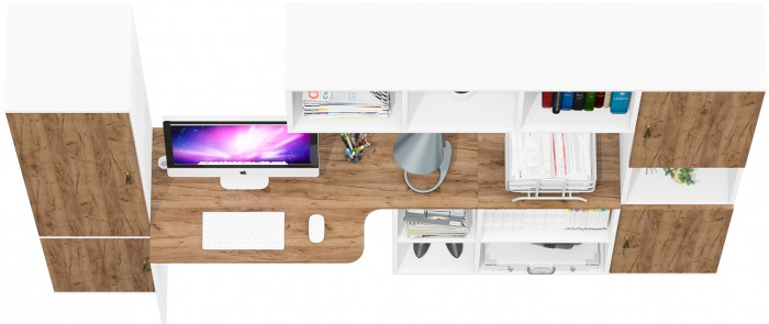 Лидер-8 Пенал МД 22Б + Стол + Полка + Пенал, цвет белый шагрень/крафт золото, ШхГхВ 245х50х75/190 или 155х120/50х75/190 см., НЕ универсальная сборка