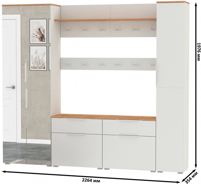 Октава Прихожая 33, цвет белый шагрень/дуб крафт золотой/фасады МДФ белый шагрень, ШхГхВ 226,4х35,4х197,6 см., универсальная сборка